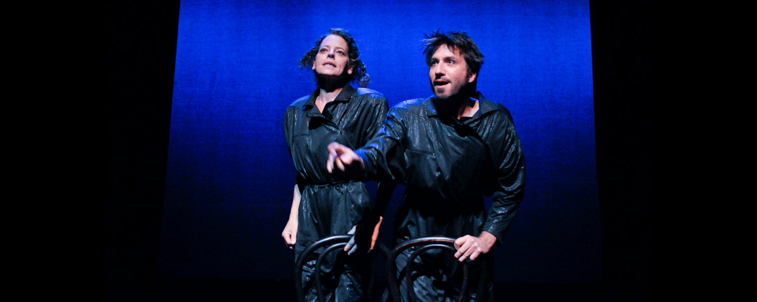 Stacy Ross and Liam Vincent in Tim Bauer's A FUTURIST SUPERSAGA IN SIX ACTS, presented in the Best of PlayGround Festival (2010). Photo: mellophoto.com.